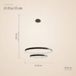 Dimensions du lustre à 2 anneaux : Ø 78 et 55 cm, hauteur maximale 150 cm