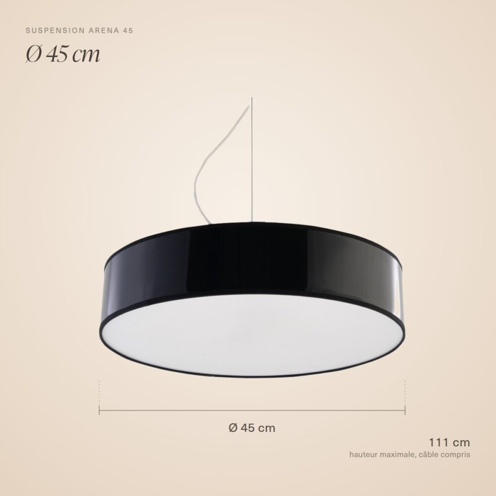 Dimensions de la suspension tambour : Ø 45 cm, hauteur 11 cm, hauteur maximale 111 cm