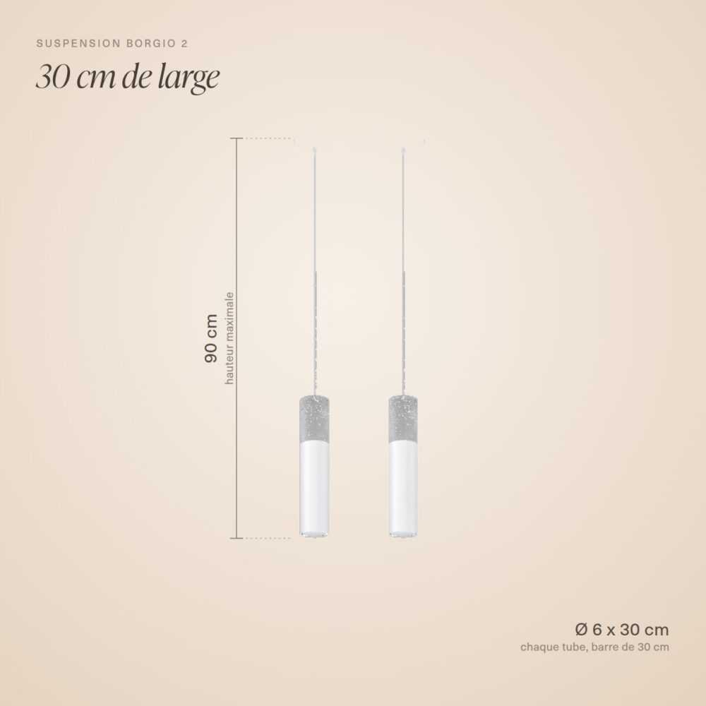 Dimensions de la suspension 2 tubes en béton : tubes 6 x 30 cm, barre 30 cm, hauteur maximale 90 cm