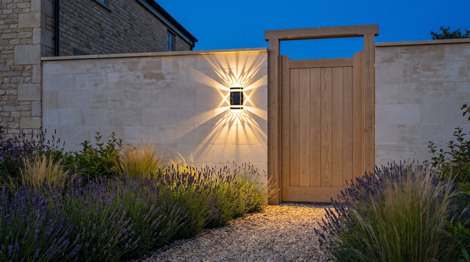 Applique murale solaire LED allumée sur un mur de pierre au bord d'une allée de jardin, le soir