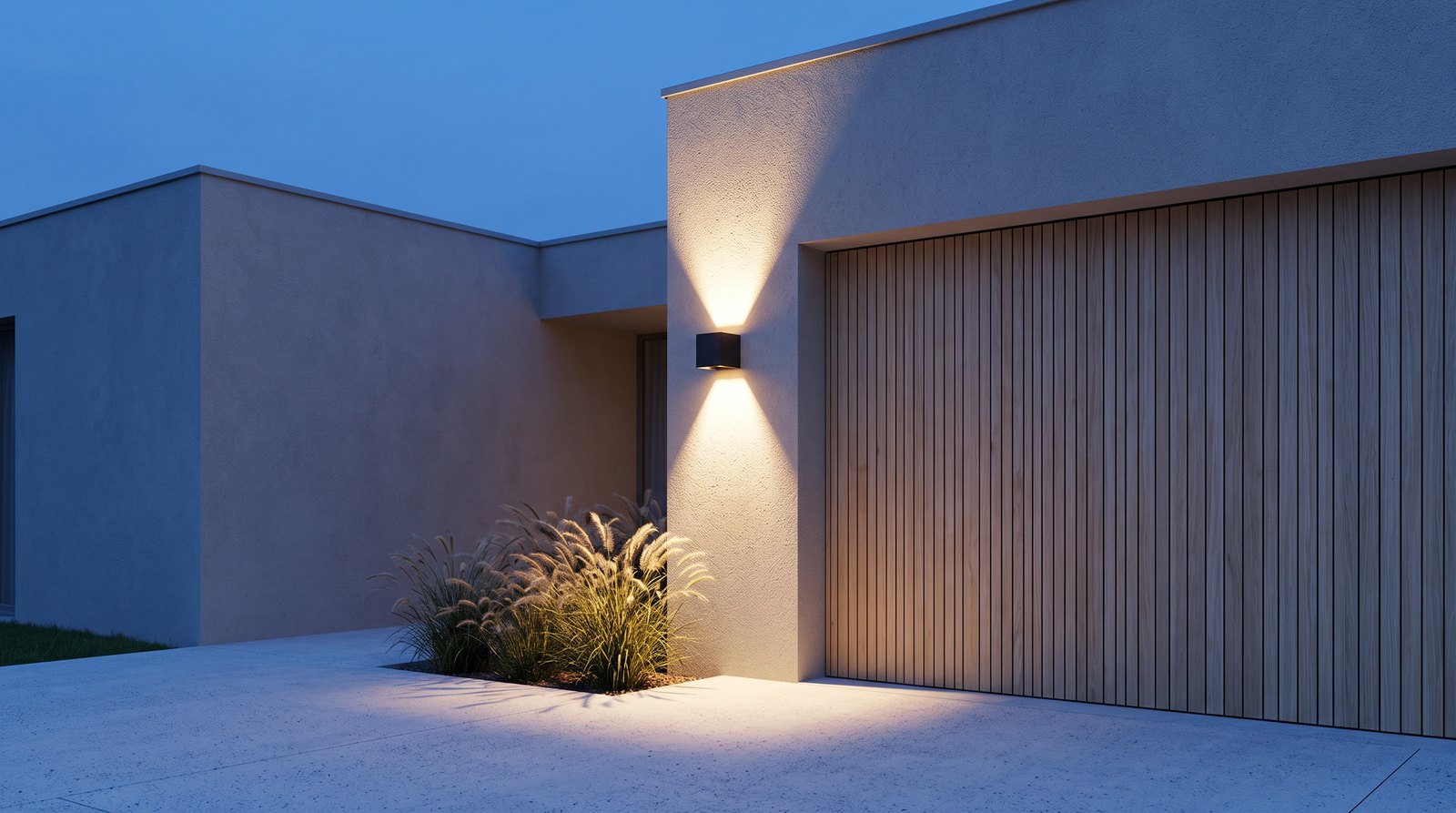 Applique murale extérieure carrée noire allumée à côté d'une porte de garage en bois, éclairant le sol devant la porte, au crépuscule