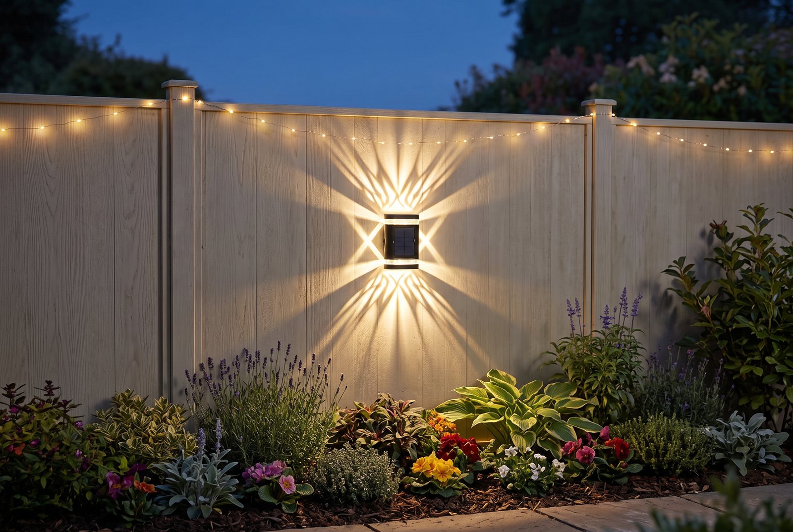 Applique murale solaire LED noire allumée sur une clôture en bois au crépuscule, guirlande micro-LED le long de la clôture
