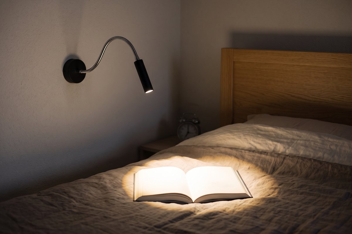 Applique liseuse noire à bras flexible chromé allumée au-dessus d'un lit, formant un cercle de lumière chaude sur un livre ouvert posé sur une couette en lin