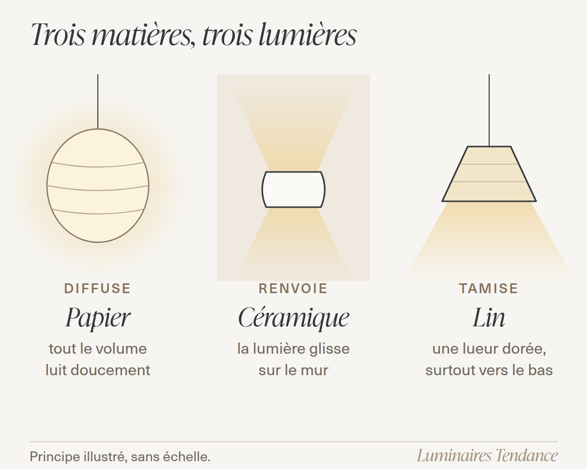 Schéma de trois luminaires wabi-sabi : le papier qui luit dans tout son volume, la céramique qui renvoie la lumière sur le mur et le lin qui tamise la lumière vers le bas