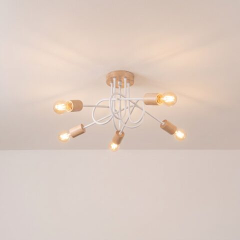 Lustre plafonnier bois et métal blanc design scandinave, l