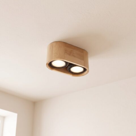 Lustre plafonnier double spot en bois naturel, beige