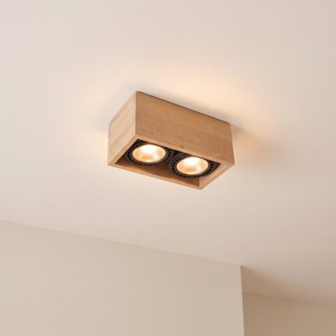 Lustre plafonnier double spot rectangulaire en bois naturel, beige