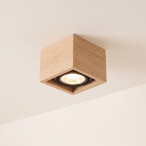 Lustre plafonnier en forme de spot carré en bois naturel, beige
