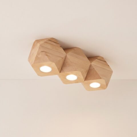Lustre plafonnier géométrique en bois naturel avec 3 spots, bois
