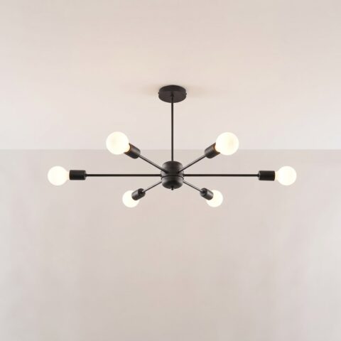 Lustre plafonnier industriel en acier noir avec 6 ampoules, noir