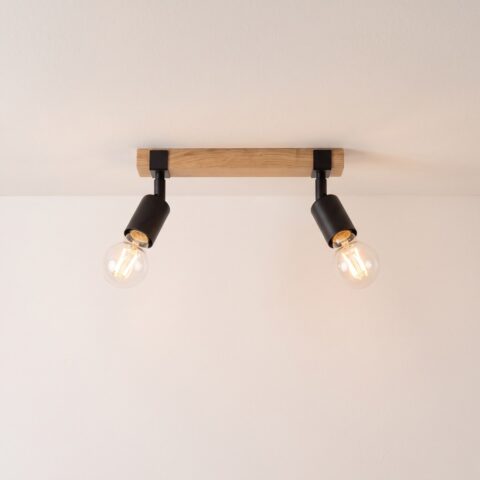 Lustre plafonnier industriel bois et métal à spots orientable, s