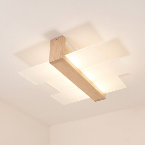 Lustre plafonnier salon en bois clair et verre, bois