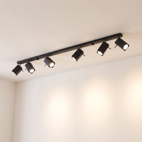 Plafonnier barre noir de 118 cm à 6 spots orientables allumé au plafond