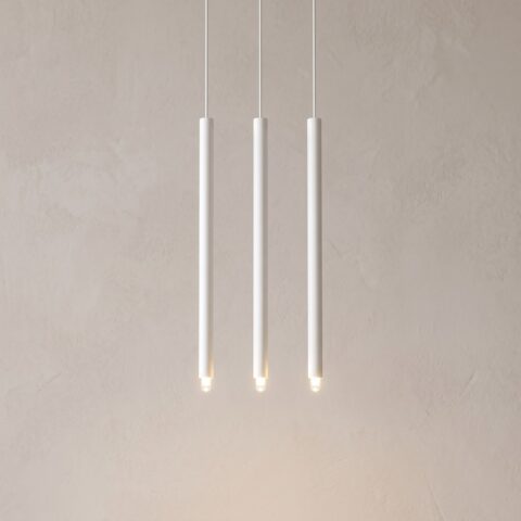 Suspension 3 tiges lumineuses sur barre blanche