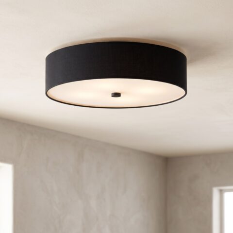 Plafonnier rond en tissu noir de 50 cm allumé au plafond
