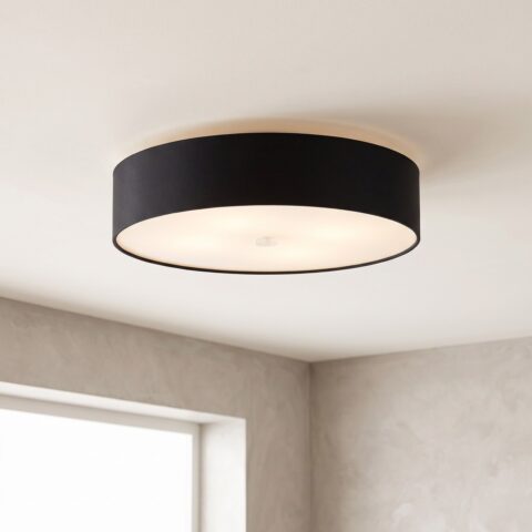 Plafonnier rond en tissu noir de 60 cm allumé au plafond