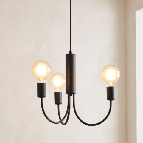 Lustre 3 bras courbés en acier noir allumé