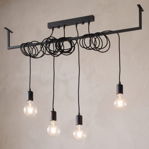 Lustre industriel 4 ampoules sur rail allumé