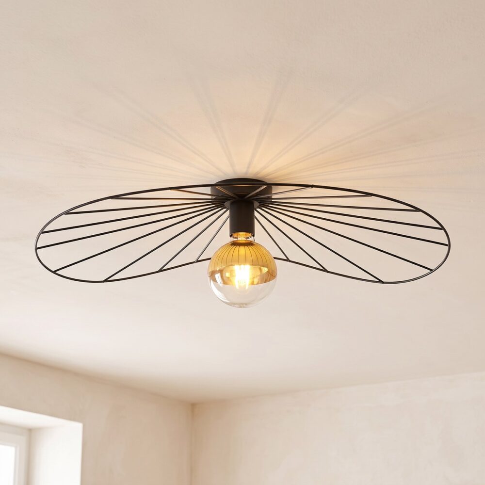 Plafonnier disque de fils d'acier noir de 70 cm allumé