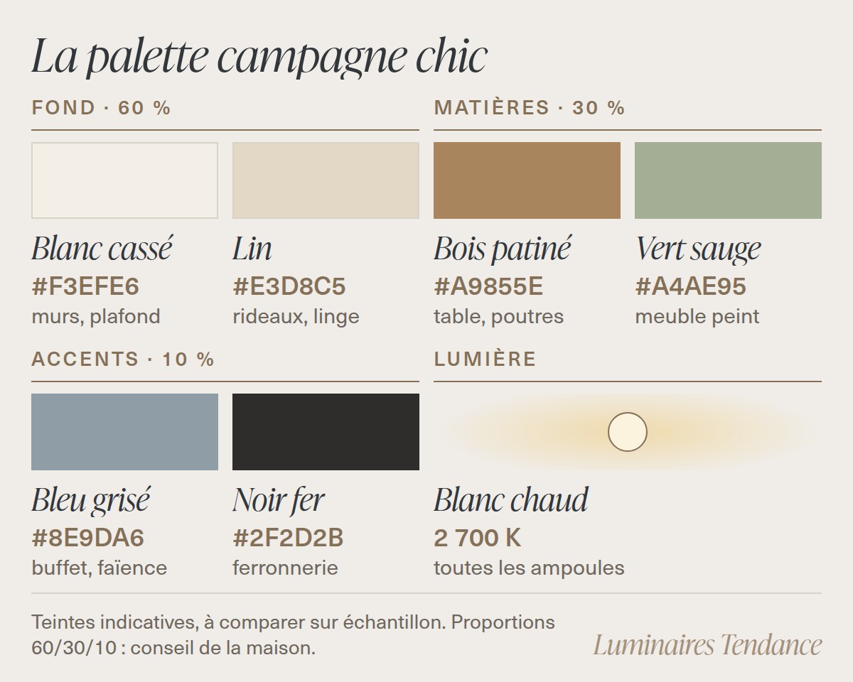 Nuancier de la palette campagne chic : blanc cassé, lin, bois patiné, vert sauge, bleu grisé et noir fer avec leurs codes hexadécimaux, et lumière blanc chaud 2 700 K