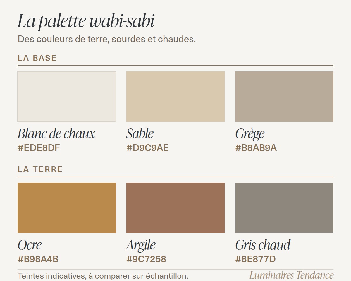 Nuancier du style wabi-sabi : blanc de chaux, sable et grège pour la base, ocre, argile et gris chaud pour la terre, avec leurs codes hexadécimaux