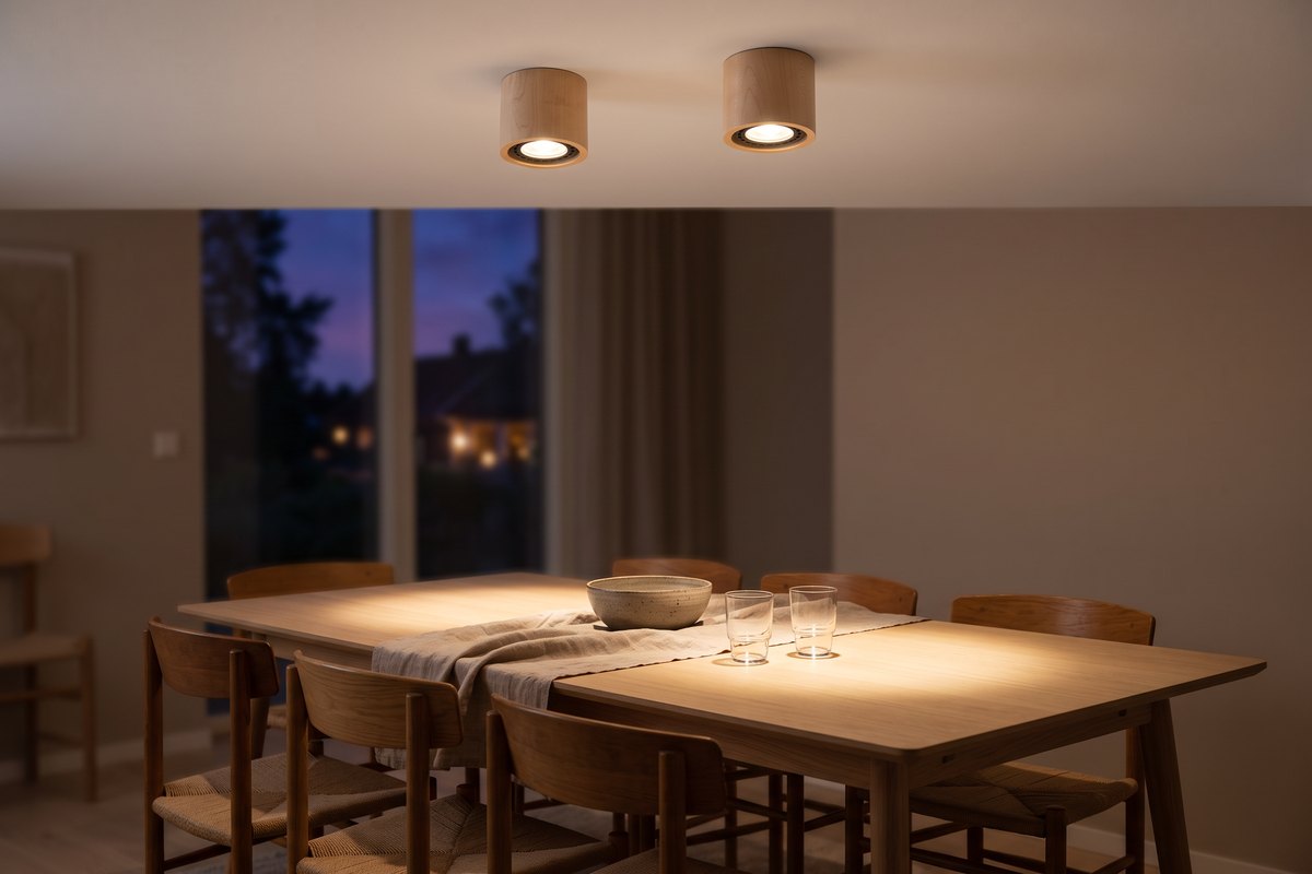 Deux plafonniers spots cylindriques en bois clair allumés au-dessus d'une table à manger en chêne, formant des taches de lumière chaude sur le plateau