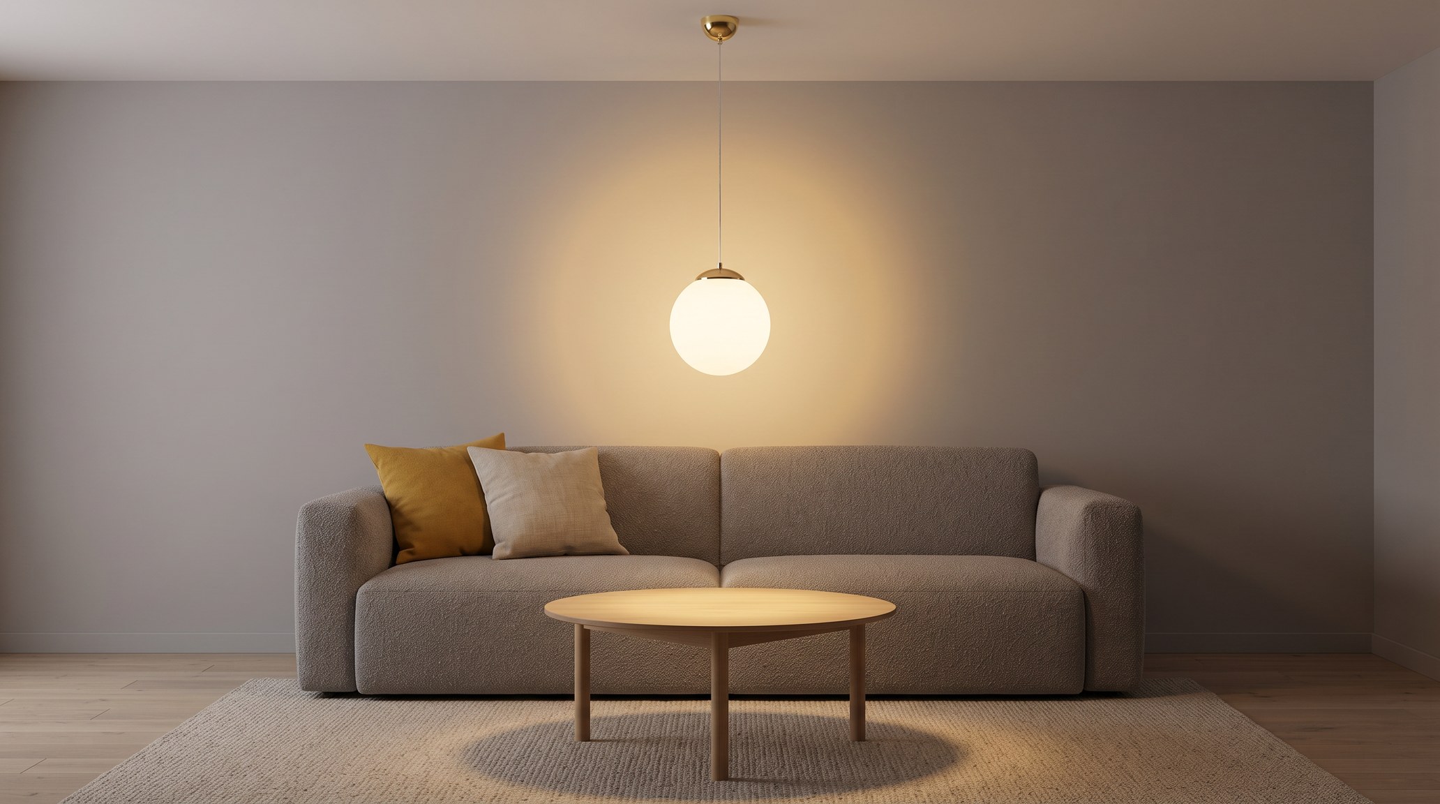 Salon gris le soir avec une suspension globe en verre opalin et monture dorée allumée en blanc chaud au-dessus d'une table basse ronde en chêne, canapé gris et coussin jaune moutarde