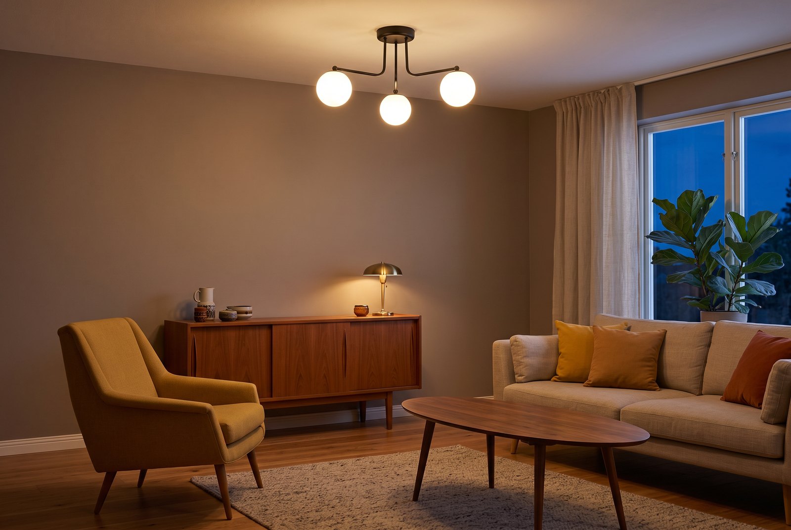 Salon mid century modern le soir avec un plafonnier à trois bras courbes en métal noir et trois globes opalins allumés, fauteuil moutarde, enfilade en teck et table basse ovale en noyer