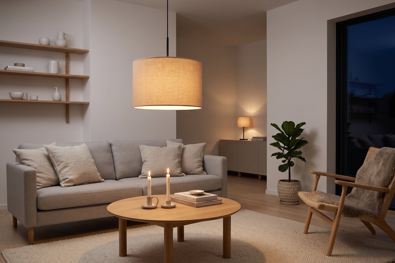Salon scandinave le soir avec une suspension à abat-jour en tissu beige allumée au-dessus d'une table basse ronde en bois blond, canapé gris clair, plaid en laine et bougies
