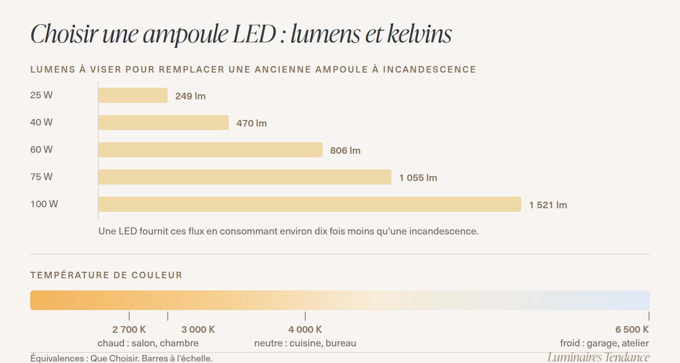 Schéma à l'échelle : lumens à viser en LED pour remplacer une ampoule de 25, 40, 60, 75 et 100 W, et échelle de température de couleur de 2 700 à 6 500 K