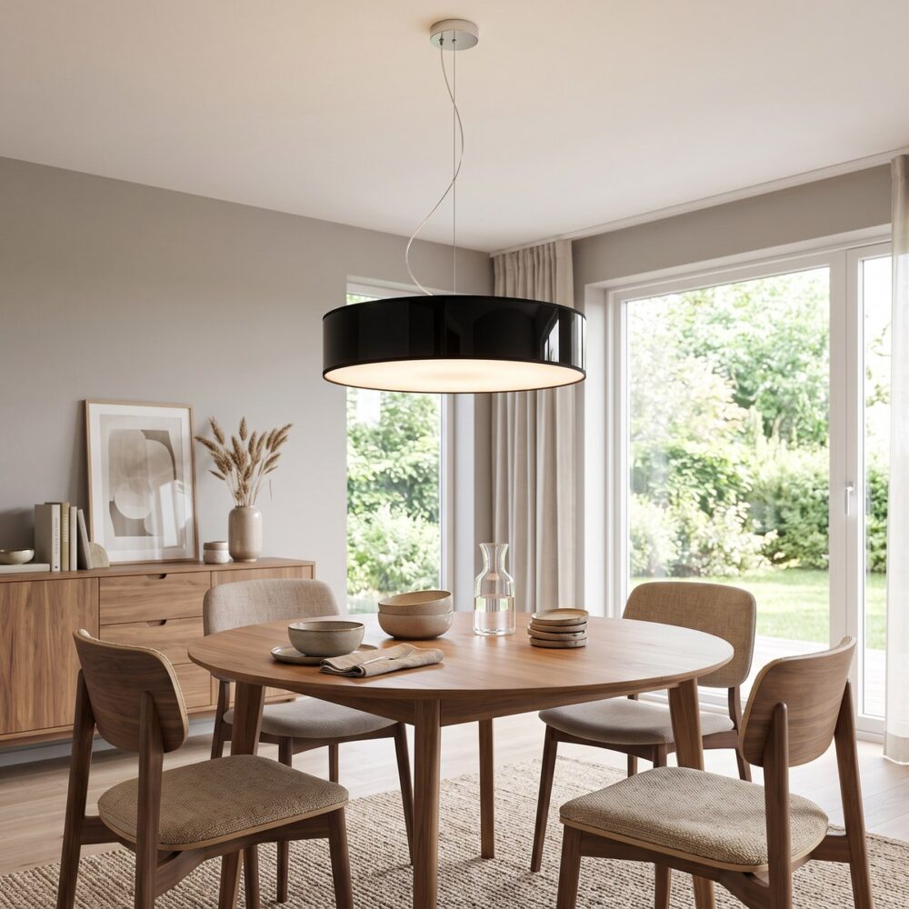 Suspension tambour blanche dans un salon lumineux