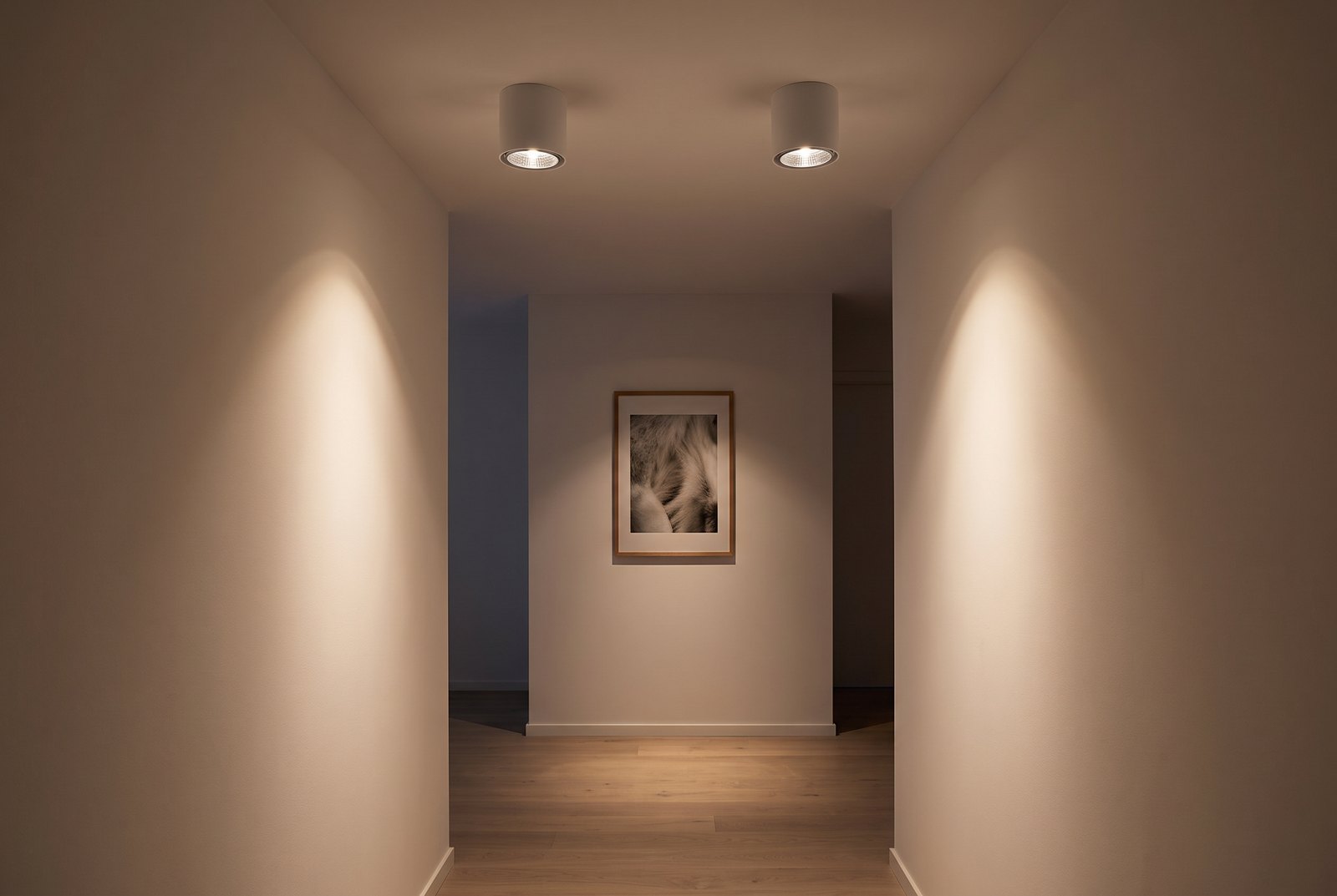 Deux spots cylindriques en aluminium blanc fixés en saillie au plafond d'un couloir, lumière chaude GU10