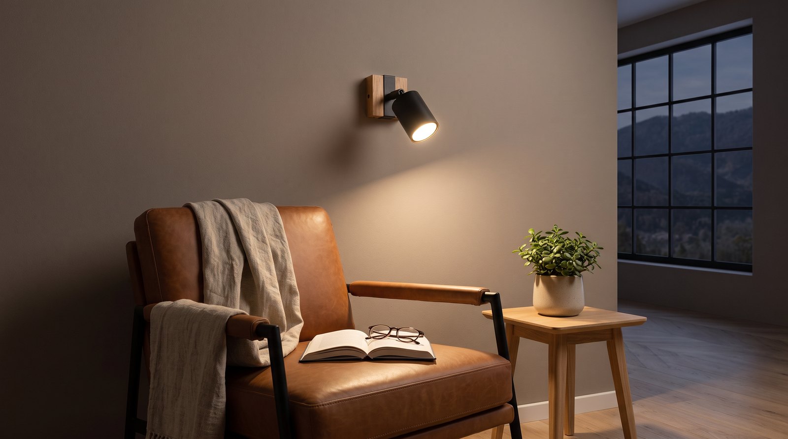 Applique murale industrielle en métal noir et bois avec spot orientable éclairant un fauteuil de lecture le soir