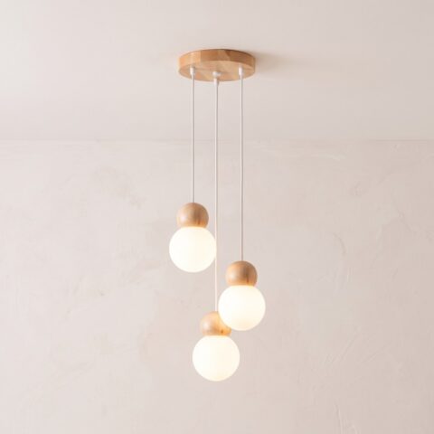 Suspension 3 lampes en verre et bois au style minimaliste, blanc