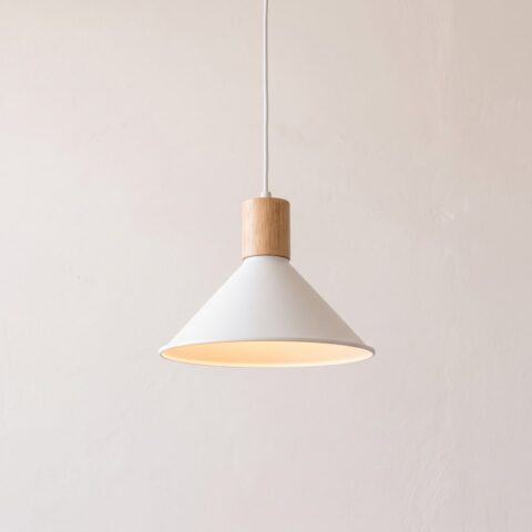 Suspension cône scandinave minimaliste bois et métal, blanc