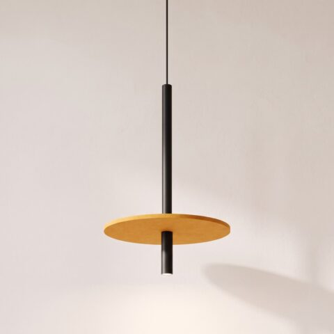 Suspension design à disque décoratif et finitions colorées, orange