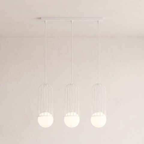 Suspension moderne 3 lampes en verre et métal, blanc