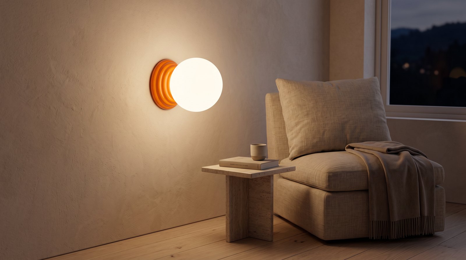 Applique murale à socle en céramique émaillée orange et globe en verre opalin allumée à côté d'un fauteuil en lin