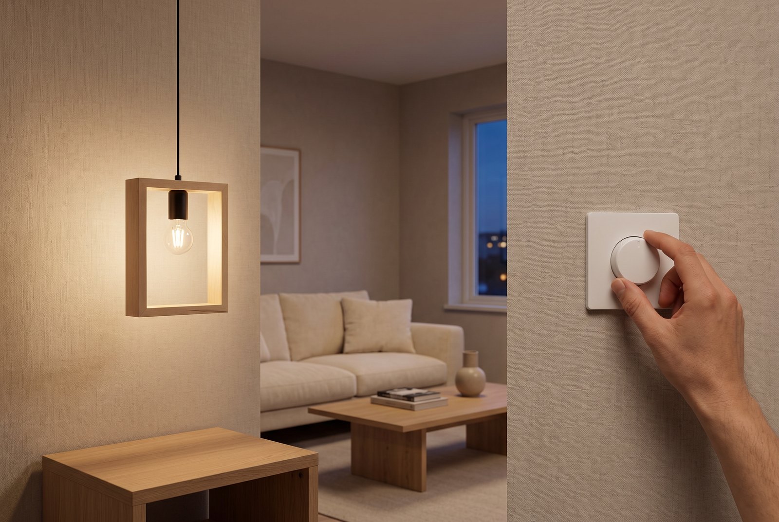 Main tournant un variateur rotatif mural à côté d'une suspension cadre en bois naturel avec ampoule à filament, lumière tamisée le soir